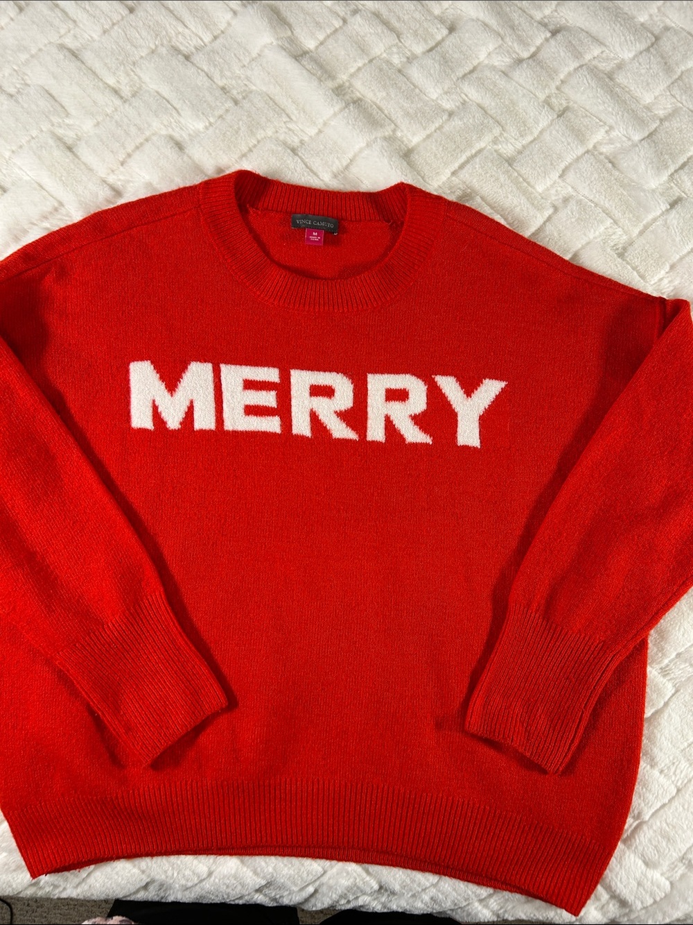 Vince Camuto Red Crewneck Sweater with White 'MERRY' Text size M